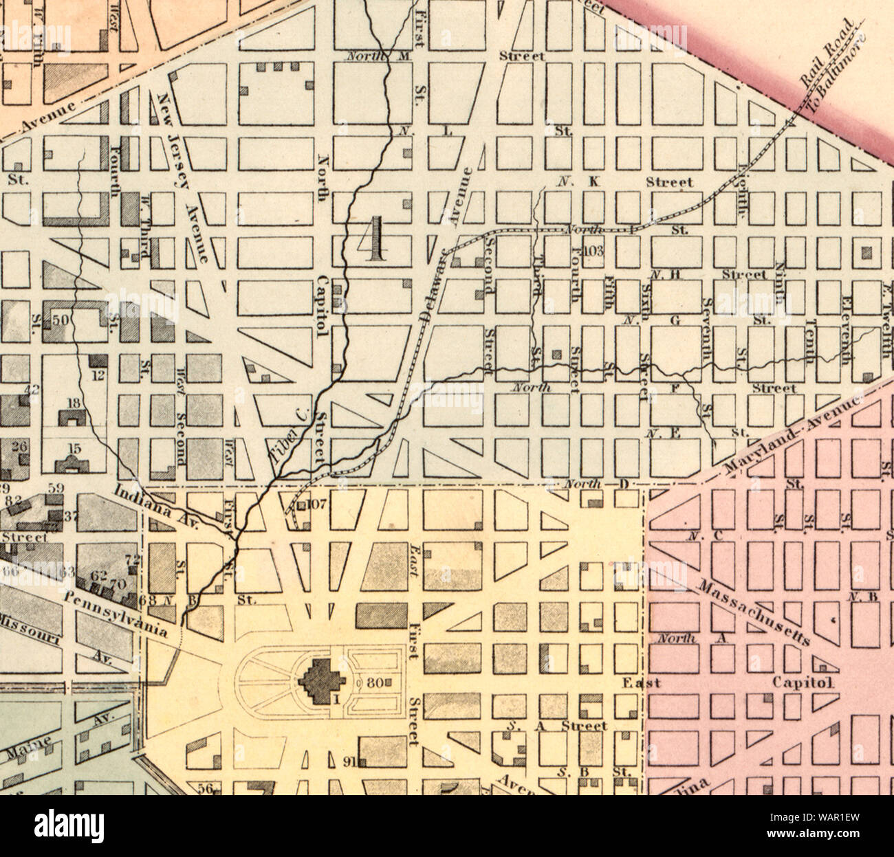 Detail einer 1859 Karte von Washington, DC, der die B&O-Bahn Stockfoto