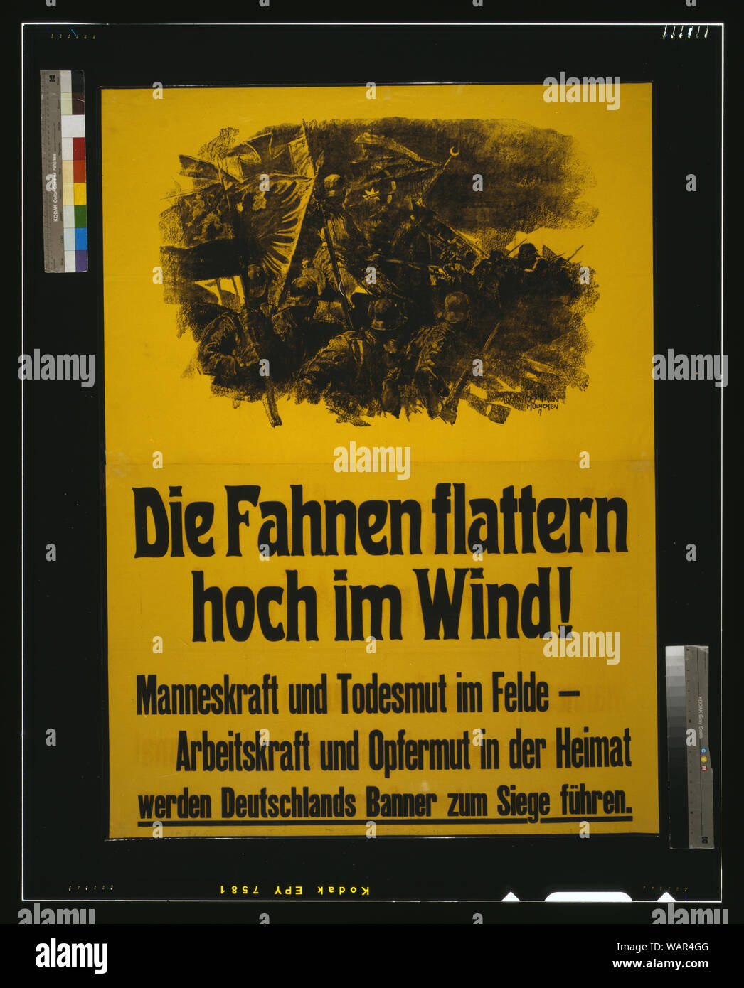 Fahnen flattern hoch im Wind sterben! Abstract: Plakat zeigt deutsche Soldaten, ein auf dem Rücken der Pferde, die Förderung in den Kampf mit Banner und Fahnen, darunter ein Türkisches (?) Flagge. Text: Deutsche Fahnen flattern im Wind! Zusätzliche Text besagt, dass Opfer an der Front und wird zu Hause den Sieg bringen. Stockfoto