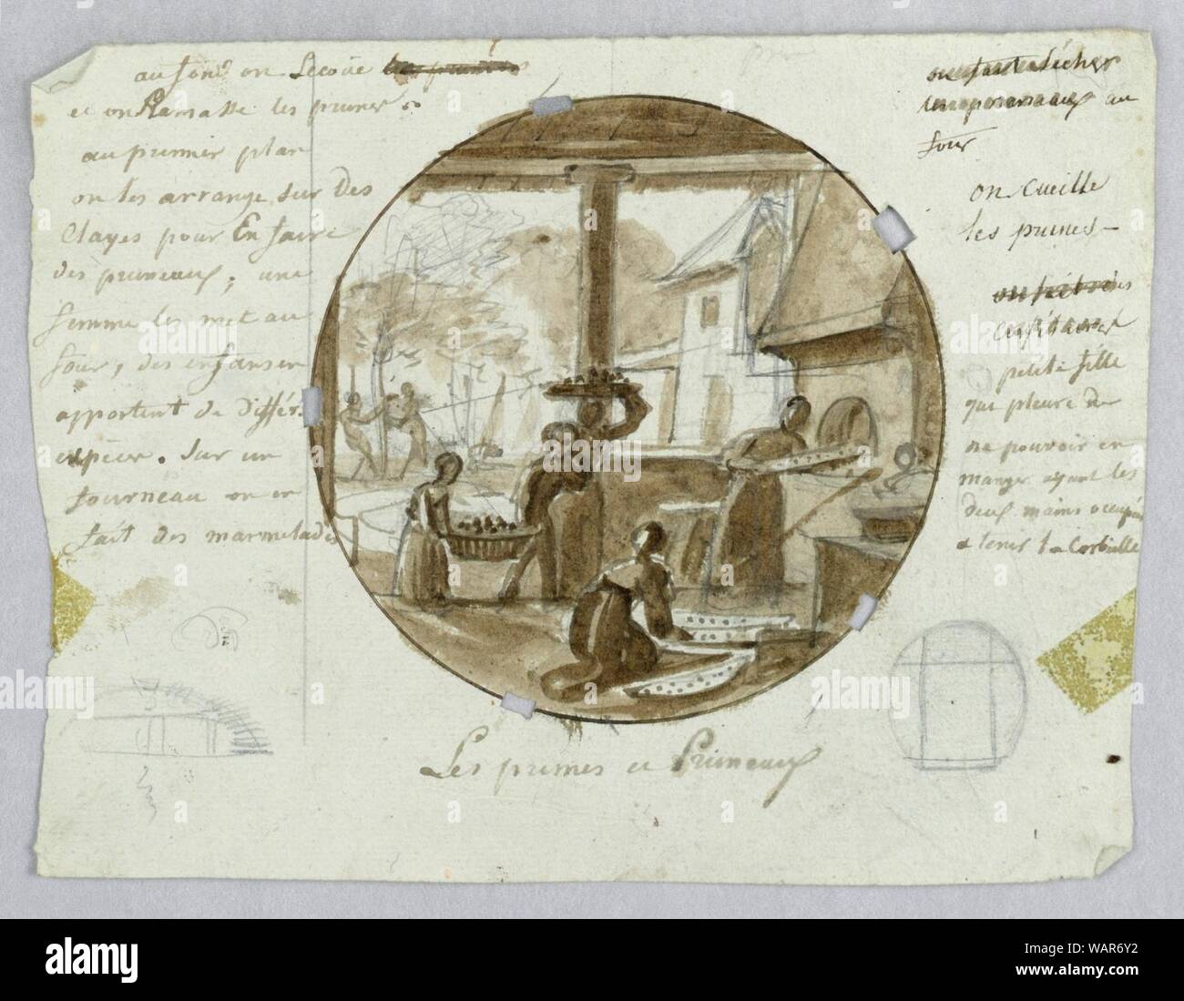 Zeichnung, Design für eine bemalte Porzellan Teller, Les Pflaumen et Pruneaux (Pflaumen) für den Service des Objets de Dessert (Dessert), 1824 Stockfoto