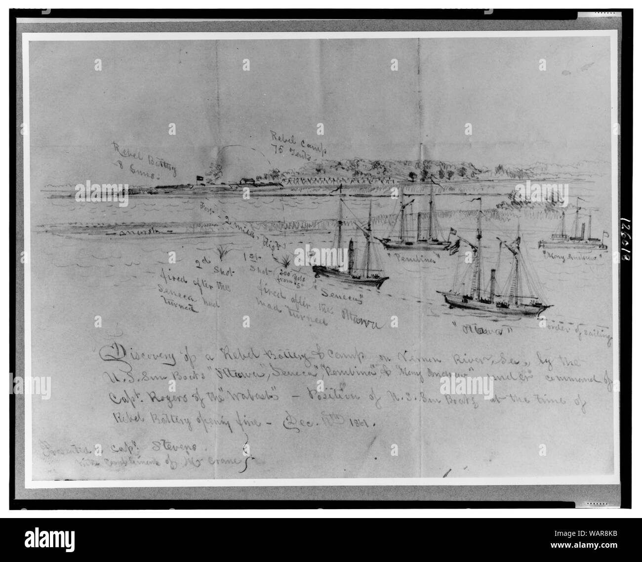 Entdeckung eines Rebellen Akku & Camp auf Vernon Fluss, Ga, die von der US-amerikanischen gun Boote Ottawa, Seneca, Pembina, & Mary Andrew, unter dem Kommando von Kapitän Rogers von der Wabash-Position von US-gun Boote zu der Zeit der Rebellen Batterie öffnen Feuer - Dez. 11, 1861/Bleistift Zeichnung von William Kran. Stockfoto