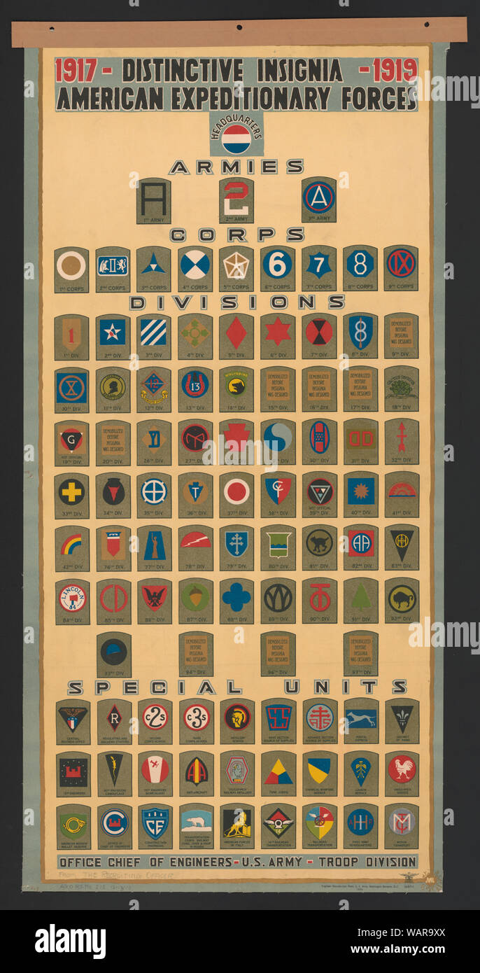 Markante Insignia, American Expeditionary Forces, 1917-1919 Office Chief der Ingenieure - US-Armee - Truppe Division. Stockfoto