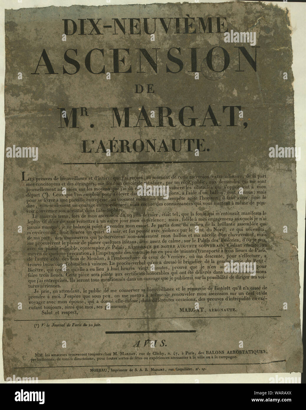 Dix-neuvième Himmelfahrt de Herr Margat, l'aéronaute; Text-only-Breitseite Ankündigung einer Ballon aufstieg von Jean Margat in Frankreich. Text beinhaltet Erklärung der Ballonfahrer. Stockfoto
