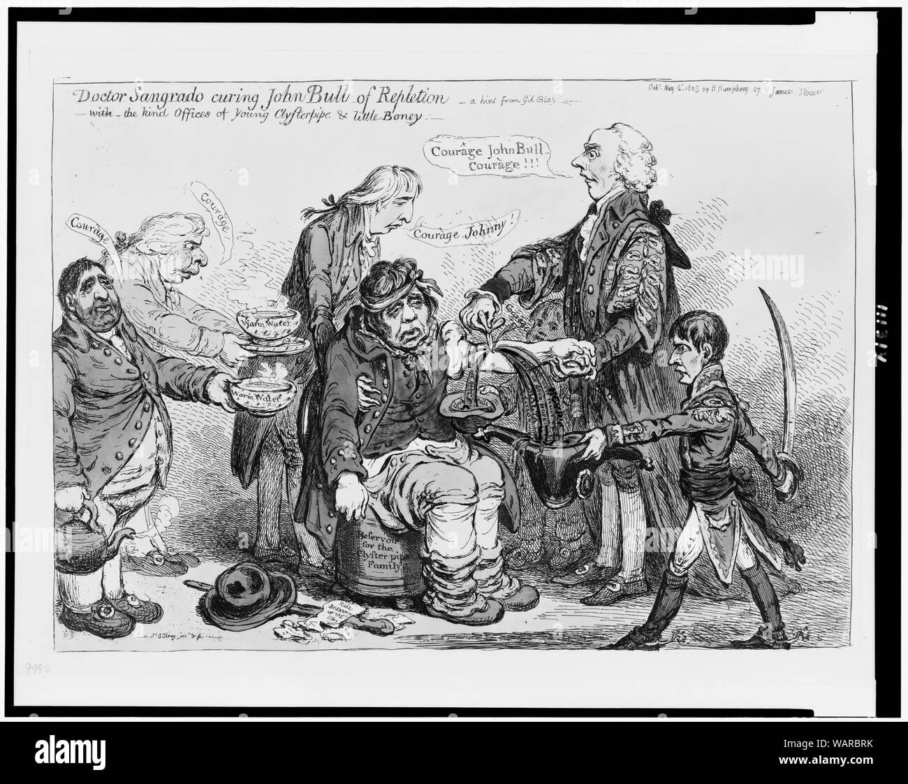 Arzt Sangrado Aushärtung John Bull von volumenaufbau - Mit der jungen Clysterpipe & wenig Boney - ein Tipp von Gil Blas Abstract: Cartoon übersicht Addington sagen, Mut John Bull - Mut, wie er blutet Arm von John Bull, der von Hawkesbury, der wiederholt Mut Johnny unterstützt wird. Napoleon hält seinen Hut, um das Blut zu fangen, West Indies, Kap der Guten Hoffnung, Malta, wie Fox und Sheridan bieten Schüsseln mit warmen Wasser, da Sie sowohl Mut sagen. Stockfoto