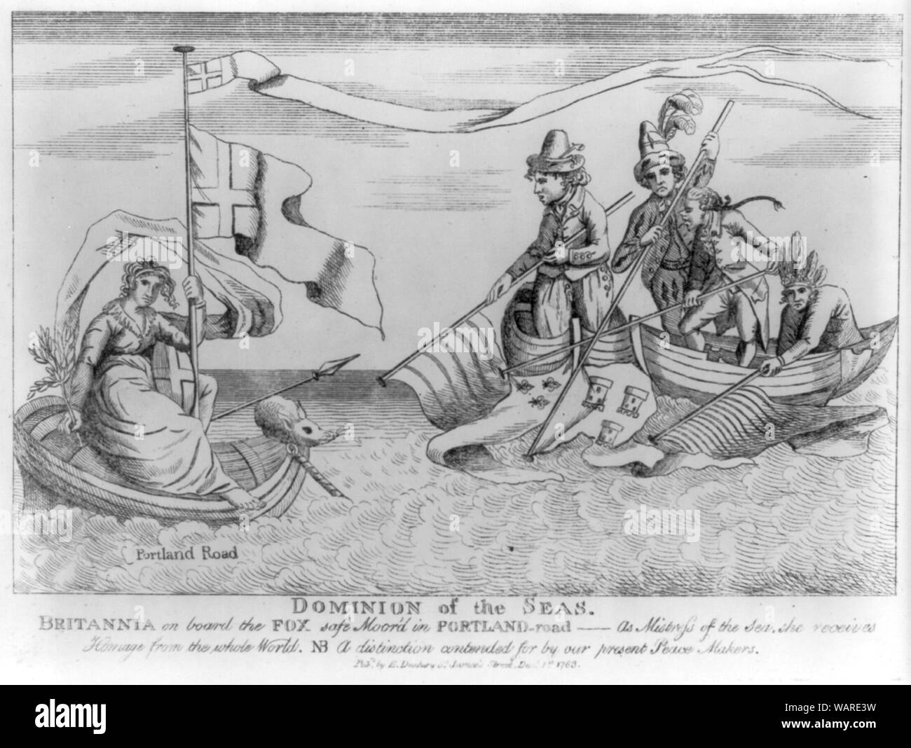Herrschaft über das Meer Abstract: Drucken zeigt Britannia in ein Boot mit einem Fuchs auf dem Bug in Portland Road Anker; hält sie ein Mitarbeiter mit dem Banner von St. George und die Britische Flagge und einem Olivenzweig in ihrer rechten Hand, ihren Schild und Speer sind durch ihre Seite. In kleinen Booten sind ein Holländer, ein Spanier, ein Franzose und ein Eingeborener aus Amerika, sie ihre jeweiligen Flaggen im Wasser in Hommage an England dip. Stockfoto