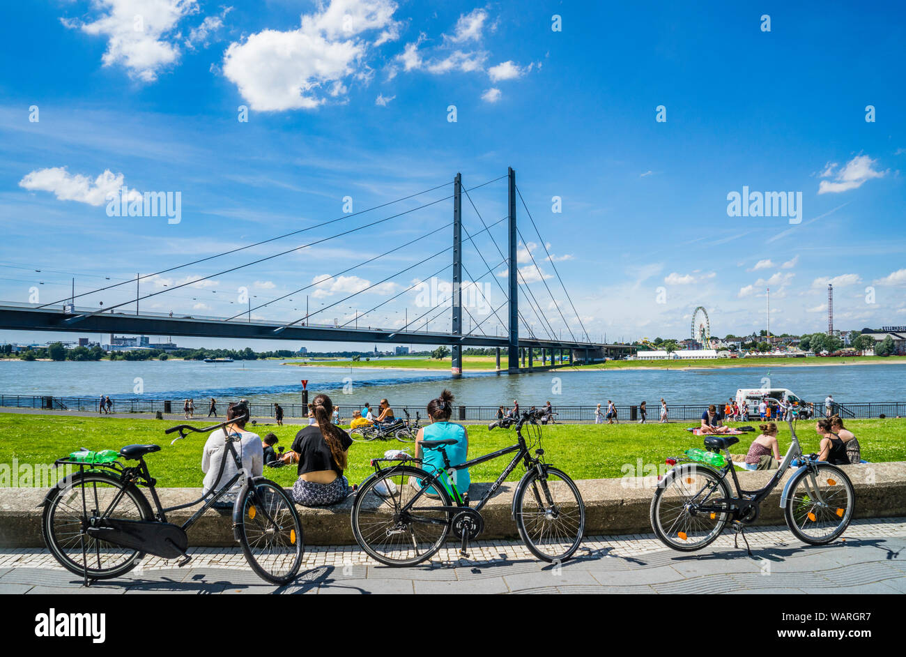 Radtour Pause an den Wiesen des Apollo Wiese am Ufer des Flusses Rhein mit Blick auf die Rheinkniebrücke. Düsseldorf, Nordrhein-Westfalen, Ge Stockfoto
