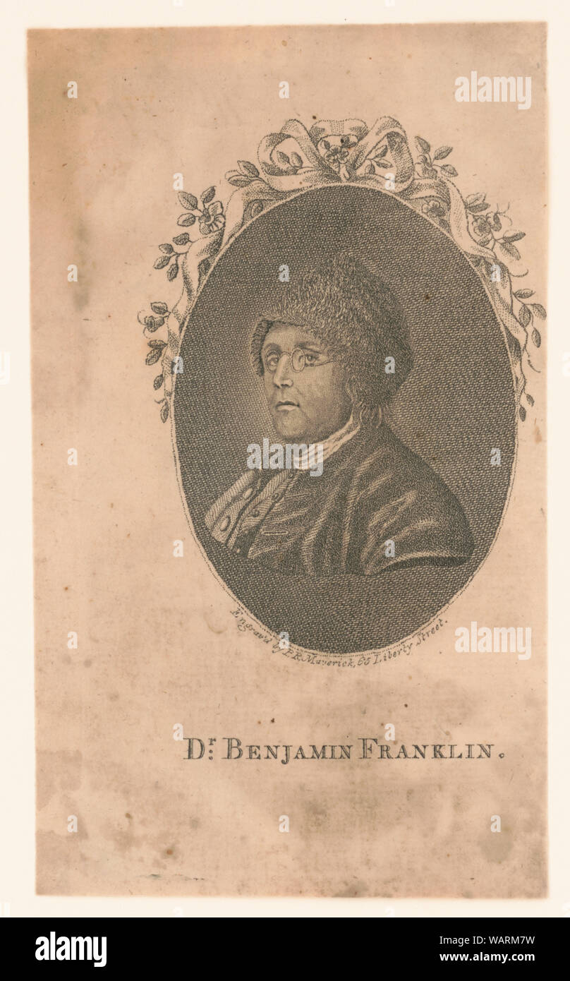 Dr. Benjamin Franklin Abstract: Drucken Zeigt Benjamin Franklin, Mit Kopf  Und Schultern Im Porträt, Das Tragen Von Pelz Hut Und Brille, Nach Links  Weist, In Oval Mit Einem Band Am Oberen Gebunden