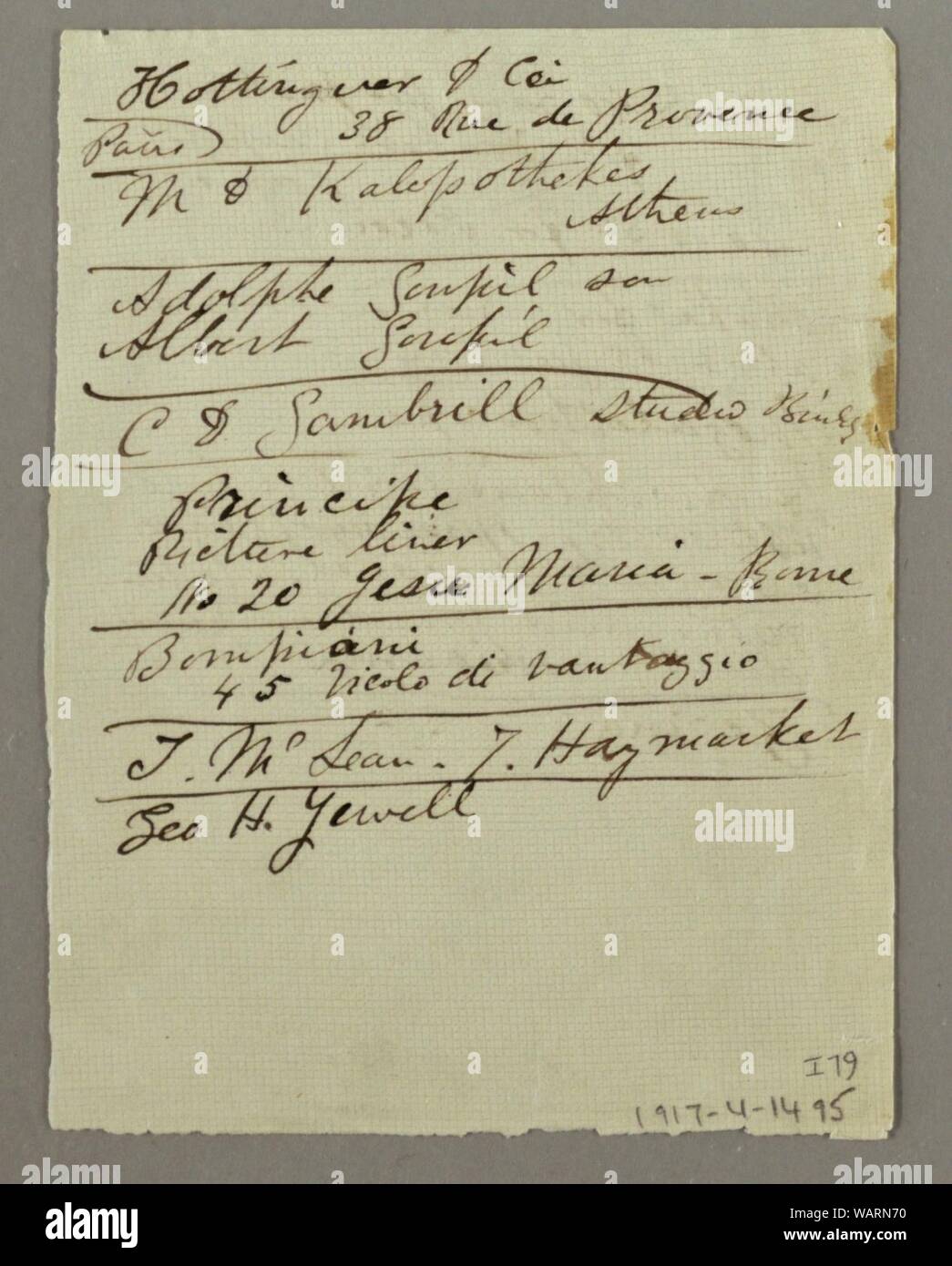 Zeichnung, Notizen; Verso - Liste der Namen und Adressen, möglicherweise 1868 - 69 Stockfoto
