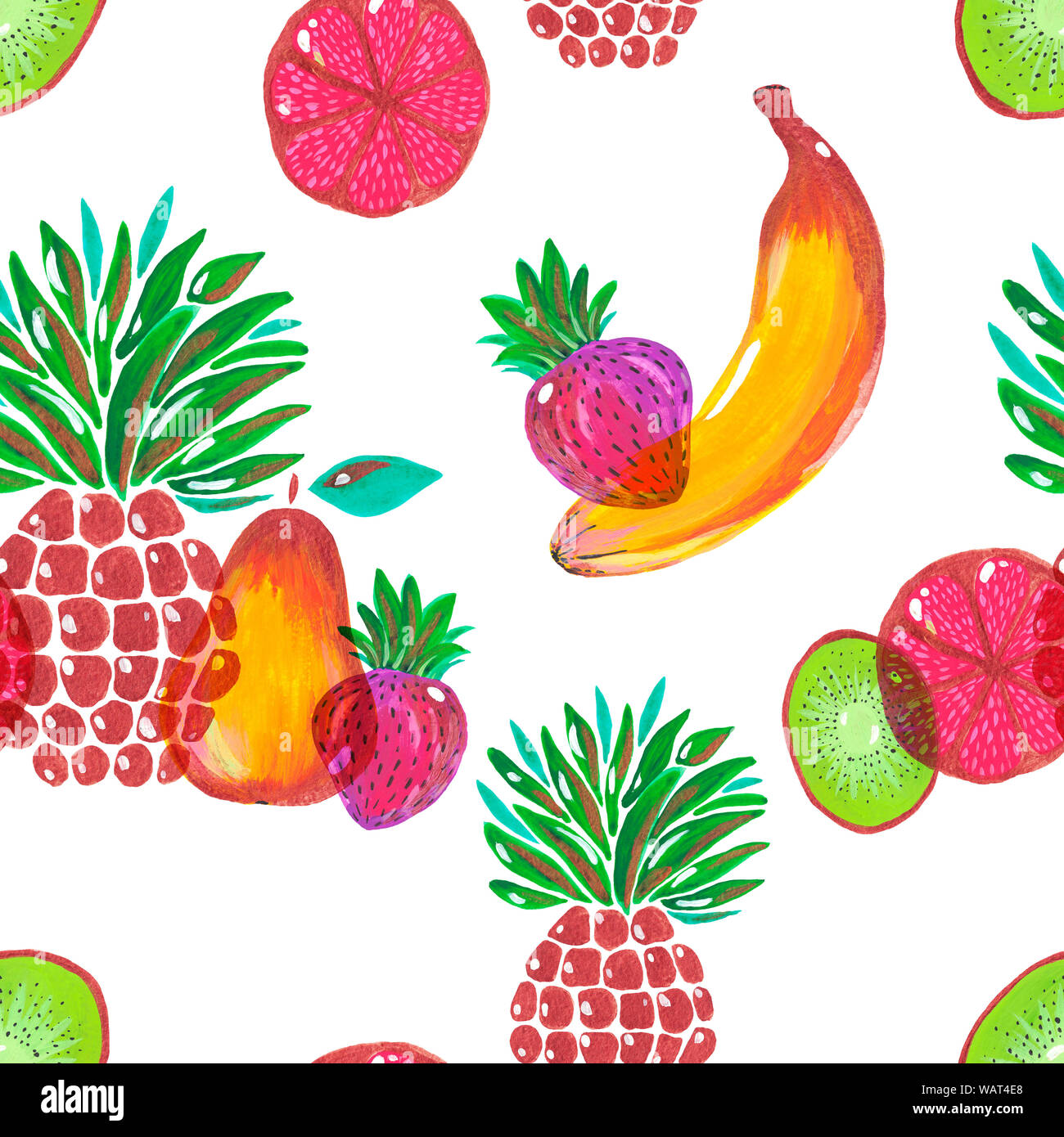 Nahtlose Muster. Abbildung: handgemalt Acryl- und Gouachefarben. Exotische Früchte Ananas Banane kiwi Grapefruit Erdbeere Birne auf weißem Hintergrund. Des Stockfoto
