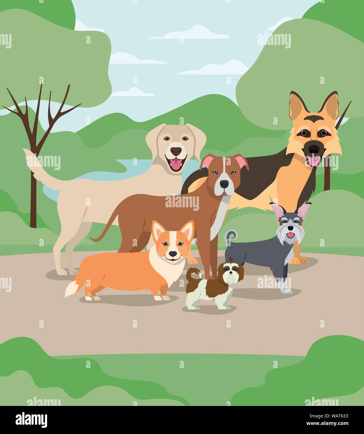 Gruppe der Hunde Haustiere im Lager Zeichen Stock Vektor