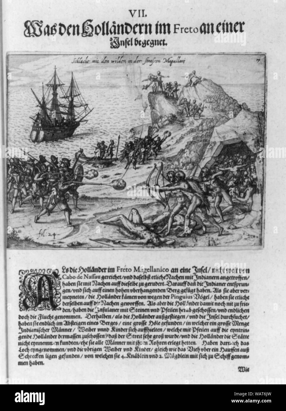 Niederländische Soldaten kämpfen Ureinwohner an der Magellanstraße. Chile.Ca. 1600 Stockfoto