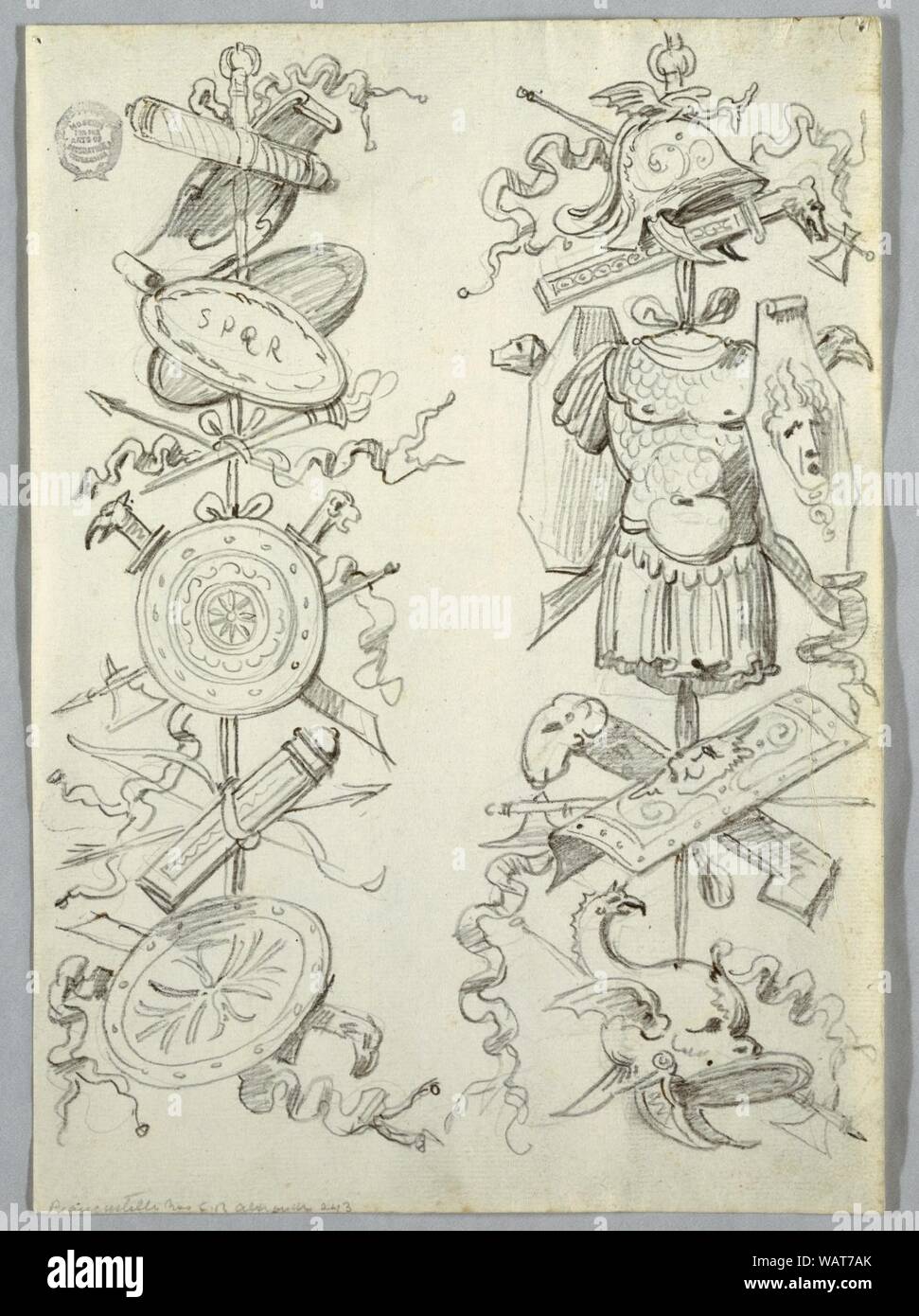 Zeichnung, zwei Panels von Trophäen, 1810 - 1820 Stockfoto