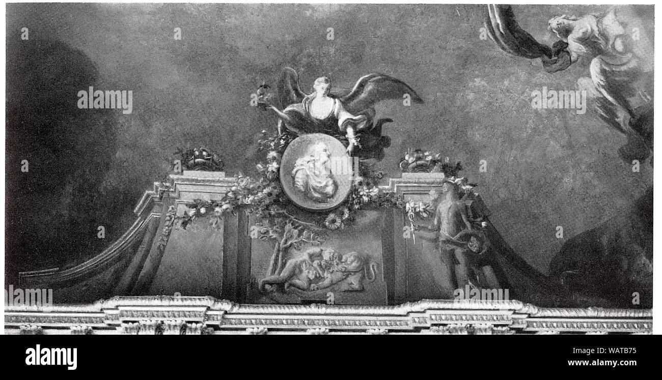 Dresden, Zwinger, Französischer Pavillon, Marmorsaal, Hauptraum, deckenfresco Heinrich Christoph Fehling mit Porträtrelief von August dem Starken, darunter Herkules, der den nemäischen Löwen erwürgt. Stockfoto