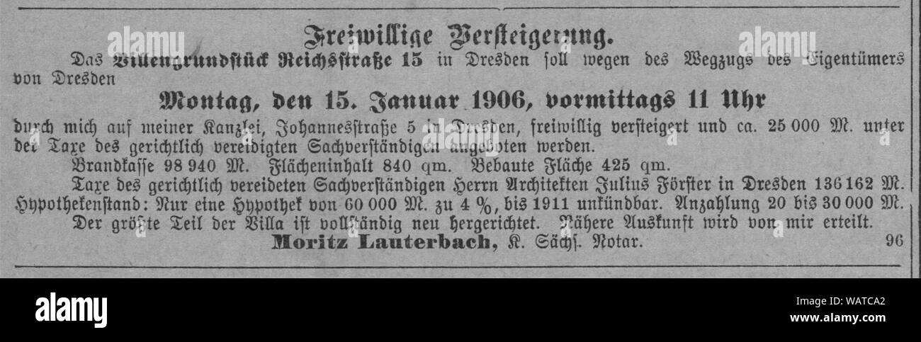 Dresdner Amtsblatt 1906 004 Versteigerung. Stockfoto