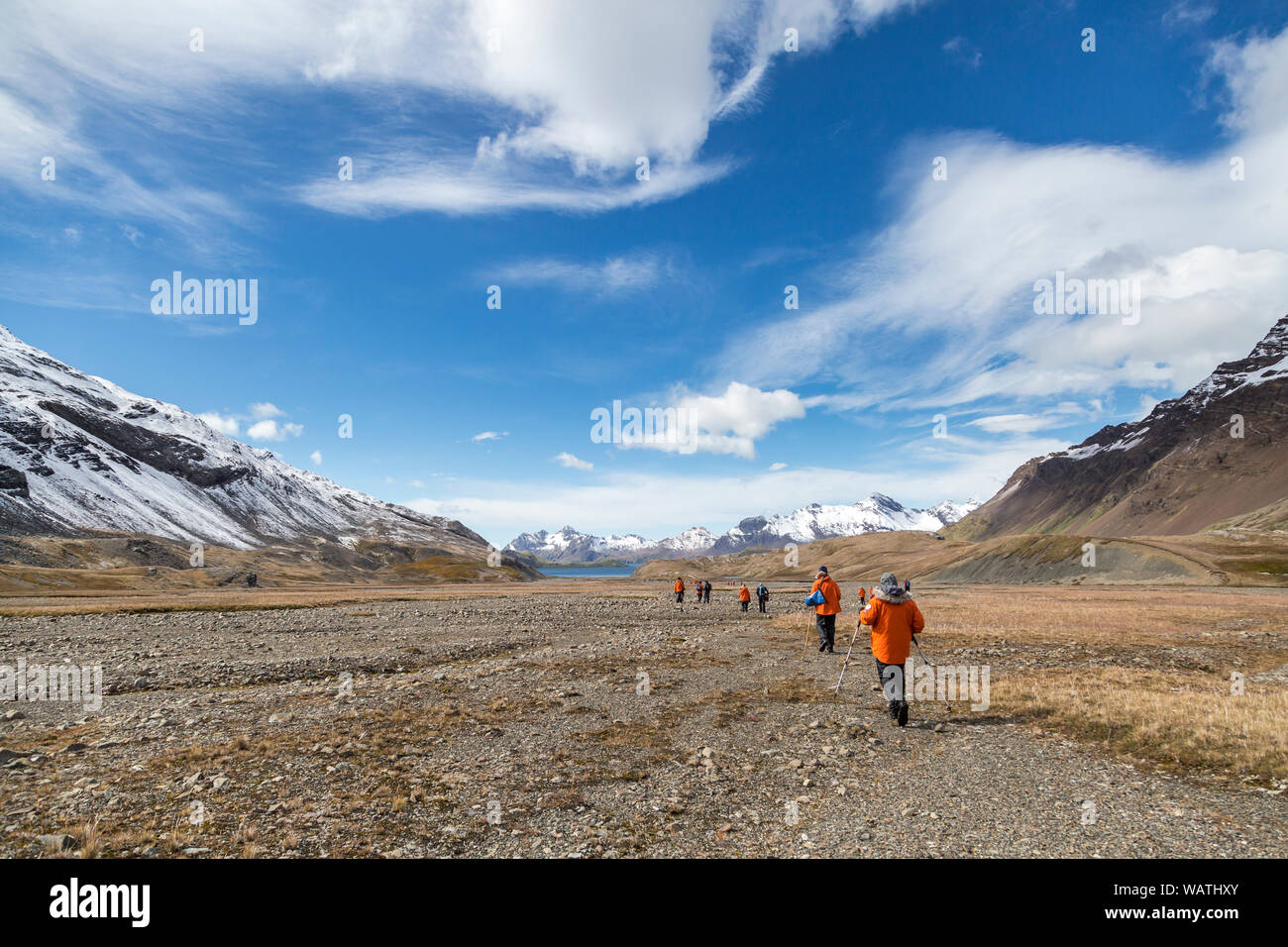 Wanderer auf dem Shackleton Trail, Stromness Bay, South Georgia, Antarktis Stockfoto