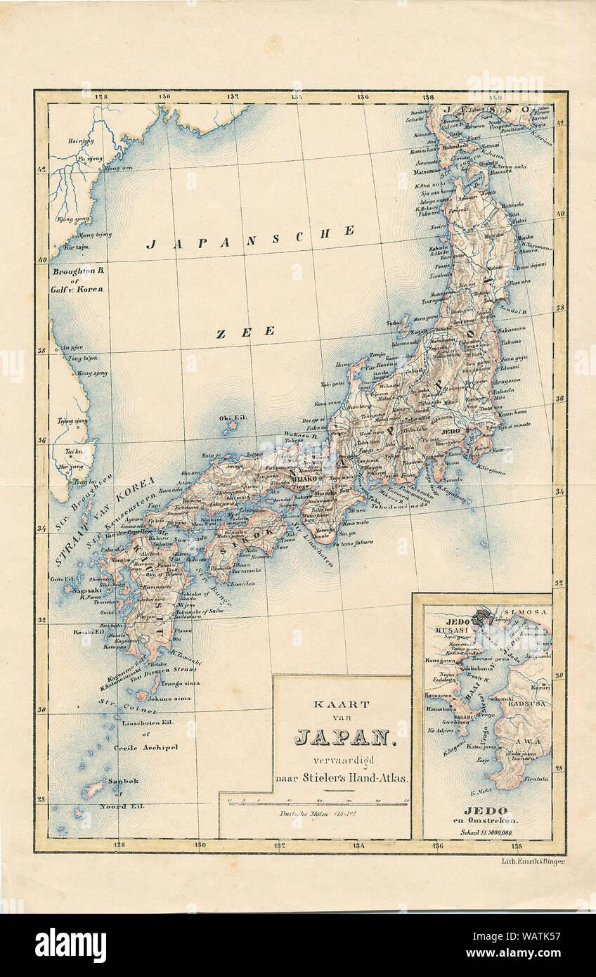 [1860s Japan - Karte von Japan] - Niederländische Karte von Japan, ca 1860, basierend auf stielers Handatlas (nach Adolf Stieler, 1775-1836). Formal mit dem Titel 'Hand-Atlas über alle Theile der Erde und über das Weltgebäude", es war der führende deutsche Welt Atlas der letzten drei Jahrzehnte des 19. und der ersten Hälfte des 20. Jahrhunderts. 19 Vintage Karte. Stockfoto