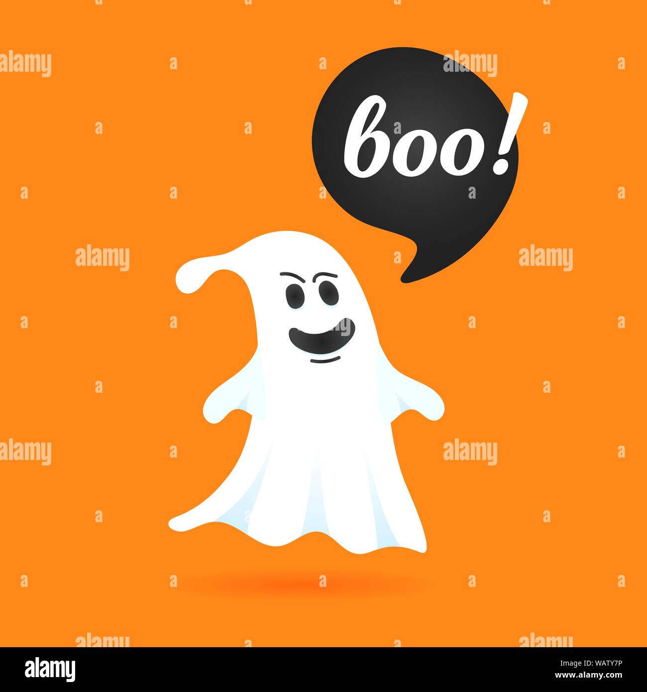 Flying halloween Lustige spooky ghost Charakter sagen BUH mit Text in der Sprechblase Vector Illustration auf orange Hintergrund isoliert Stock Vektor