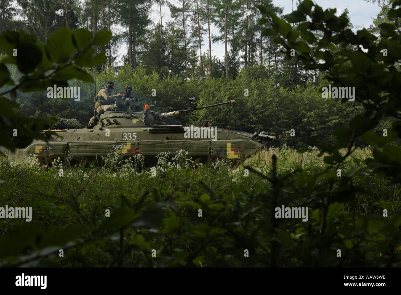 Multinationale Soldaten Manöver eine BMP während der kombinierten Lösung XII am Hohenfels Training Bereich in Deutschland, 15 August, 2019. Kombinierte Lösung XII ist eine alle zwei Jahre stattfindende Übung, die als Combat Training Center Zertifizierung für Regional zugeteilten Kräfte dient. Diese Wiederholung der Übung erfolgt in zwei Phasen an Grafenwöhr und Hohenfels Training in Bereichen zwischen 12.08.1-11 und 11-27. (U.S. Armee Foto von SPC. Malik Johnson) Stockfoto