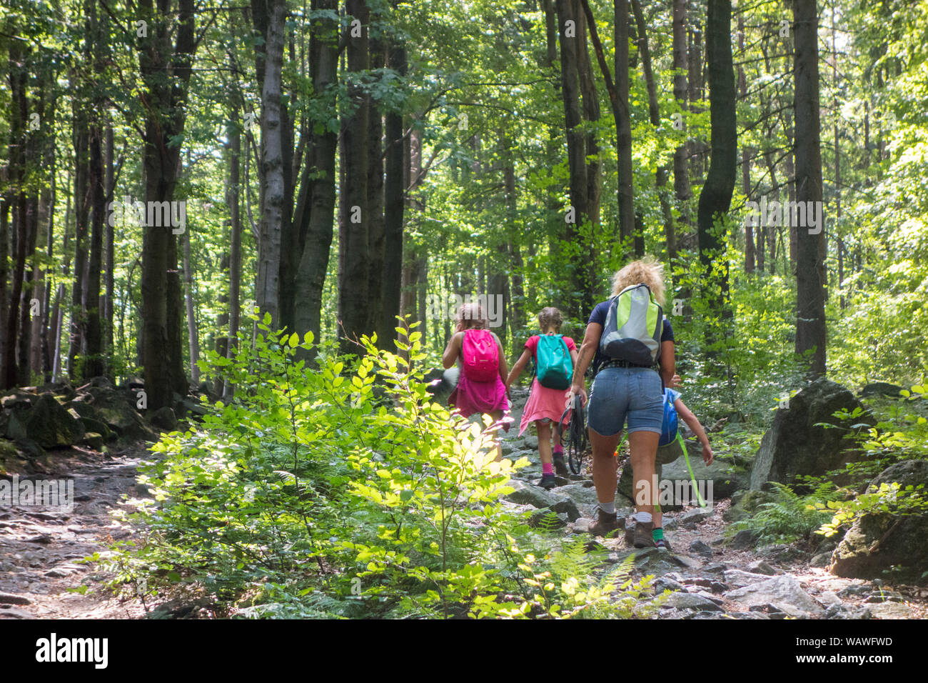 Menschen und Familien Wandern auf dem steinigen Weg an die Spitze der Berg Sleza in Niederschlesien, nachdem sie aus dem polnischen Dorf Sobotka Polen ging Stockfoto
