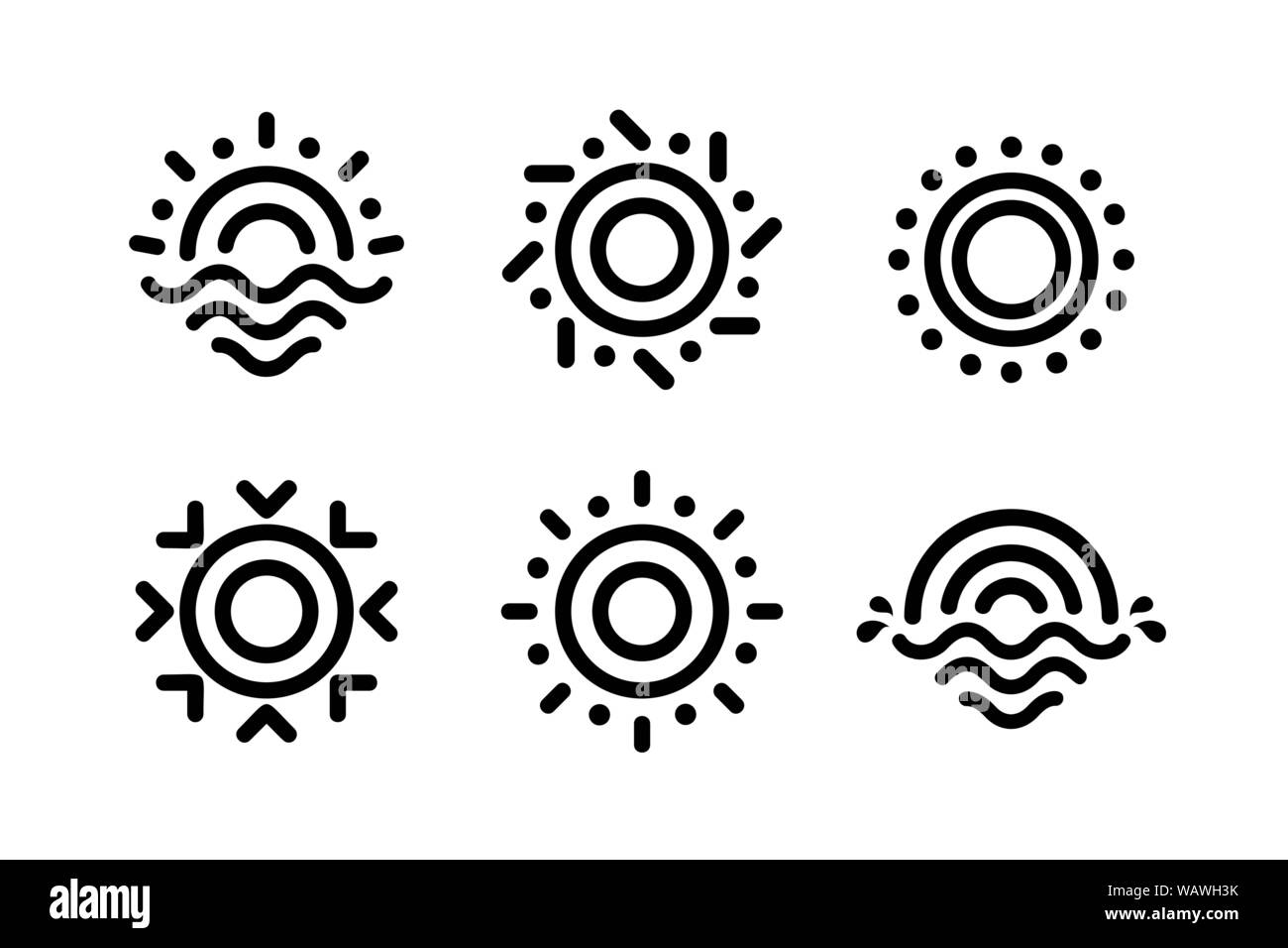 Abstrakte lineare Sonne Symbole gesetzt. Ungewöhnliche Maßbild Form für Solarenergie. Schwarze Linie style logo Vorlage. Vektor Embleme Vorlage auf Stock Vektor