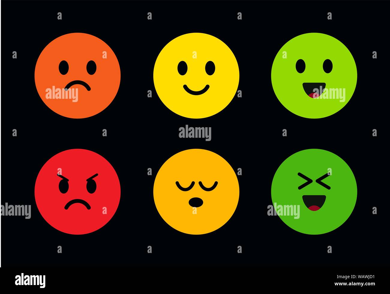 Bunte runde niedlichen Gesichter mit verschiedenen Gesichtsausdrücke. Symbole von Gesicht mit unterschiedlichen Stimmungen von Böse zu Gut, von glücklich zu traurig. Lustig und Stock Vektor