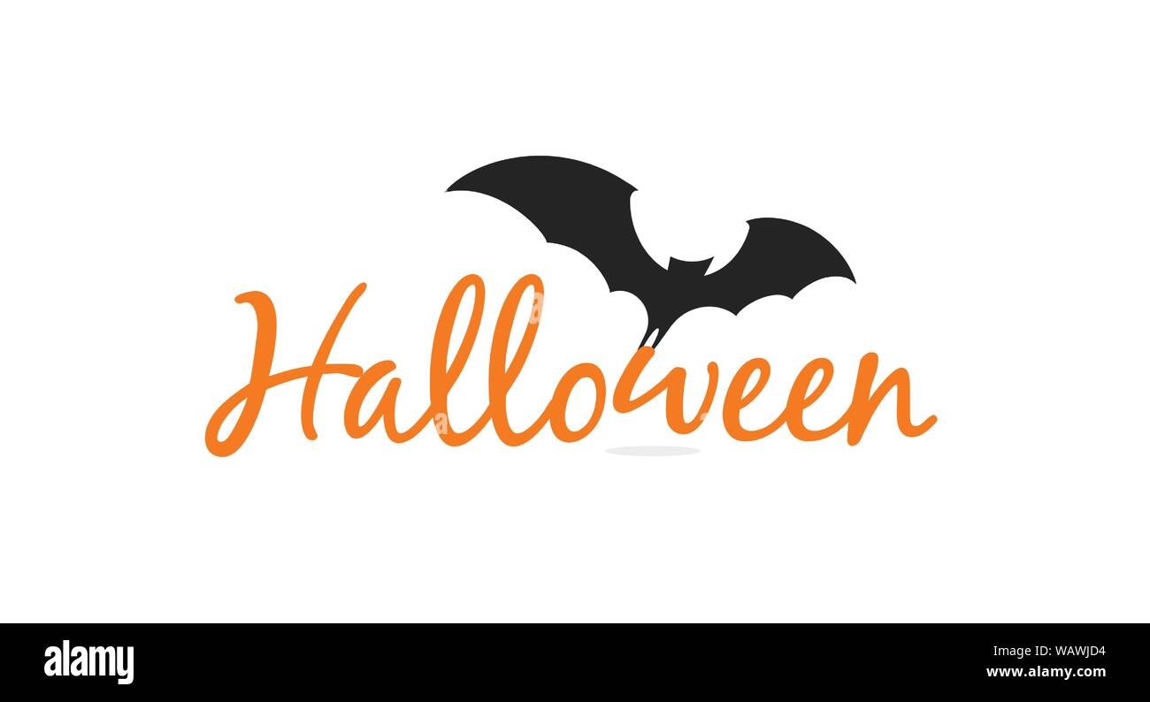 Halloween elegante Schriftzug mit schwarzer Silhouette von Flying bat. Isolierte Design für Halloween event, Promo, Logo, Banner, Monogramm und Poster. Vektor Stock Vektor
