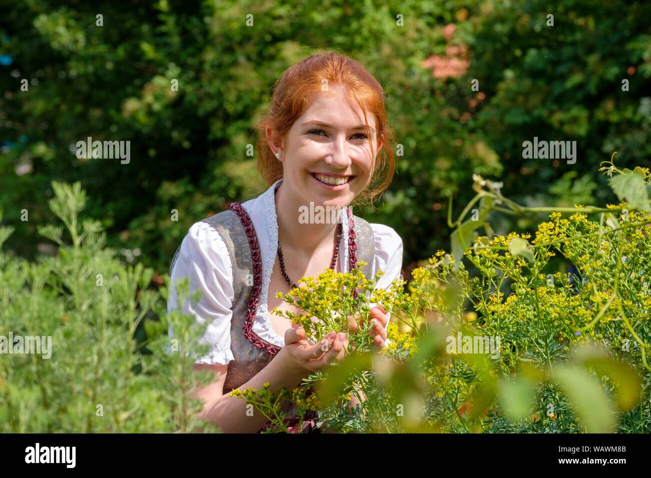 Junge Frau riecht auf die Kräuter im Kräutergarten, Oberbayern, Deutschland Stockfoto
