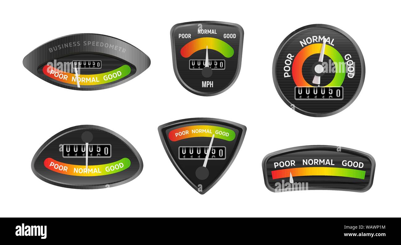 Analoge business Geschwindigkeitsmesser Sammlung. Satz von Retro stilvolle Symbole auf schwarzem Hintergrund im Tachometer. Jahrgang zeigt mit Auswertung festlegen Stock Vektor