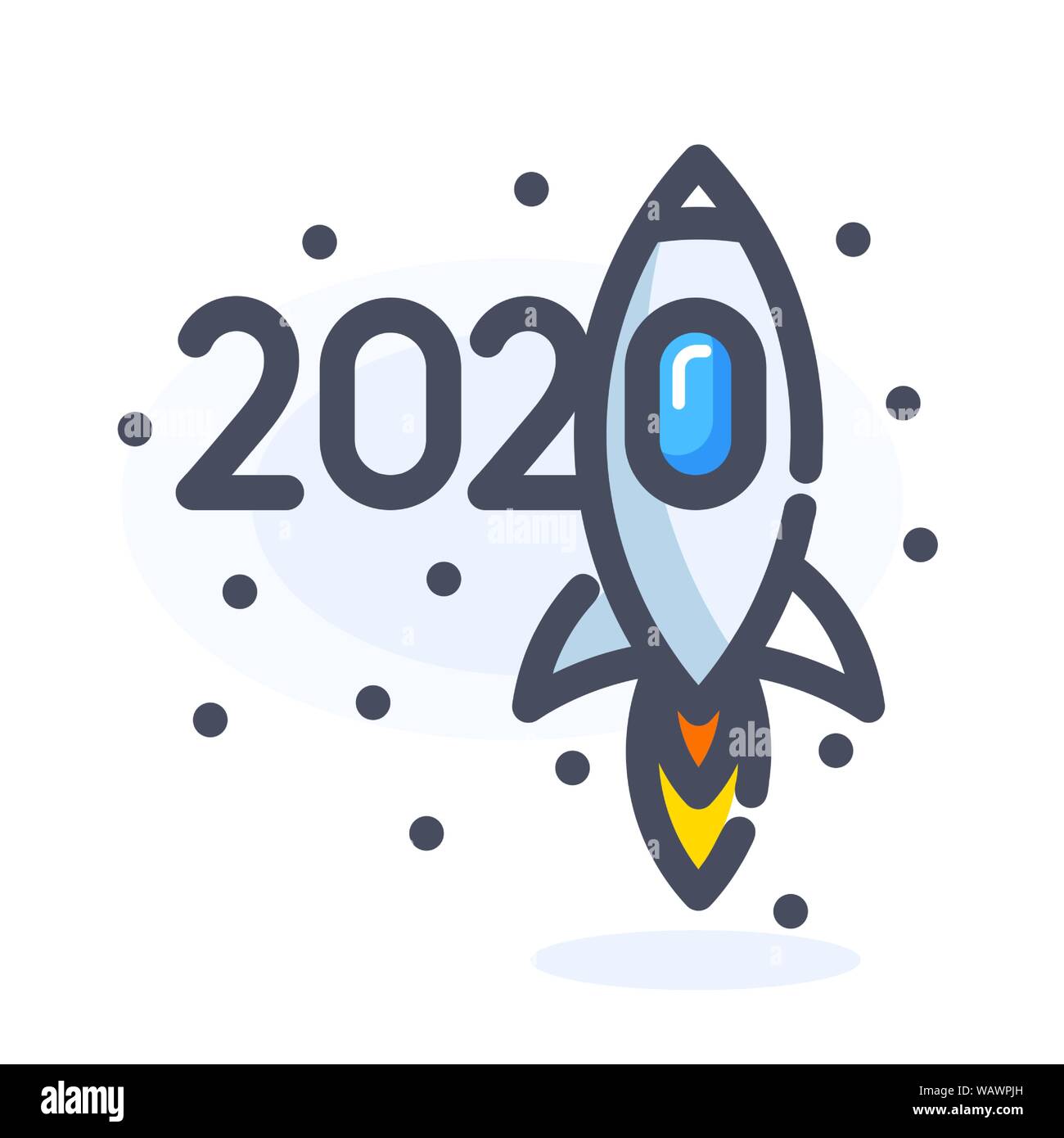 2020, neues Jahr zahlen cartoon Design mit Fliegen im Raum oder in den Himmel Rakete unter den Sternen oder Schneeflocken. Isolierte Vector Illustration. Stock Vektor