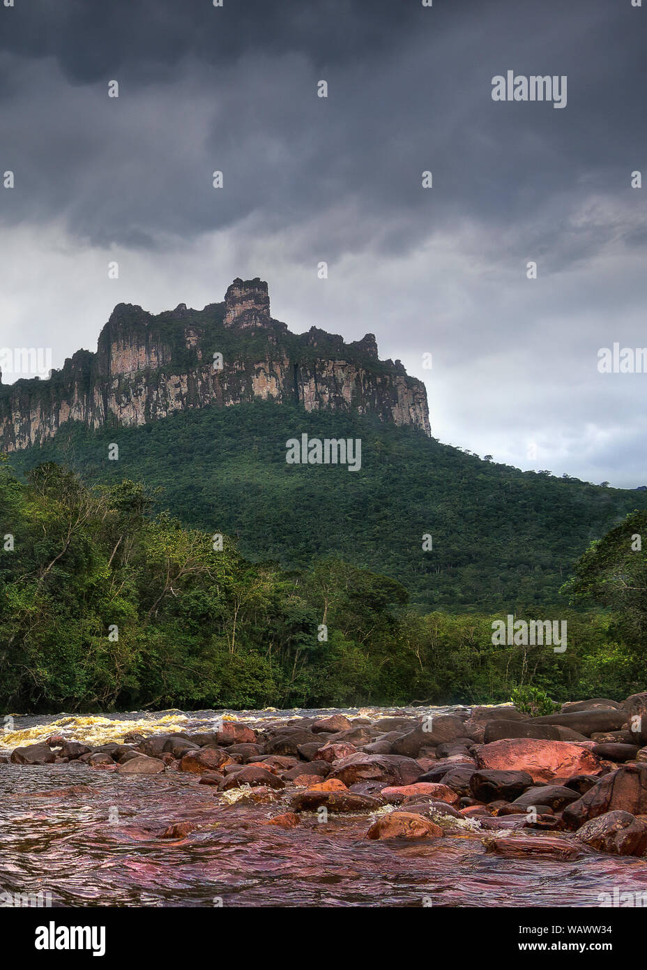 Mountain River Vor dem Hintergrund der südamerikanischen Tepui Stockfoto