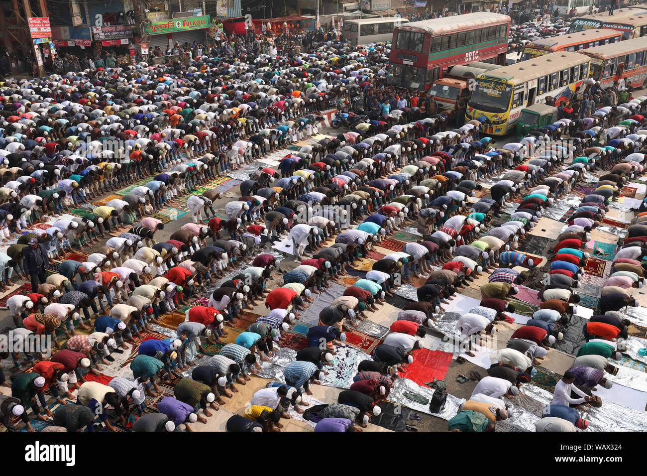 Muslimische Pilger beten am Bishwa Ijtema in Dhaka, Bangladesh. Bishwa Ijtema ist die größte islamische Gemeinde der Welt. Stockfoto