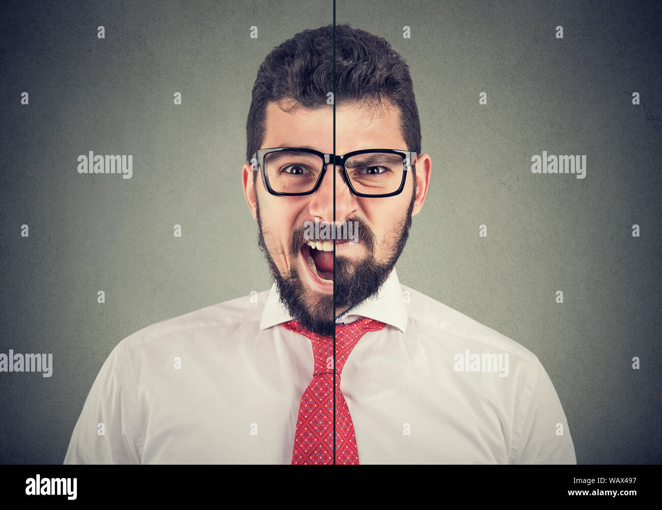 Split portrait einer frustriert und wütend schreien Geschäftsmann Stockfoto