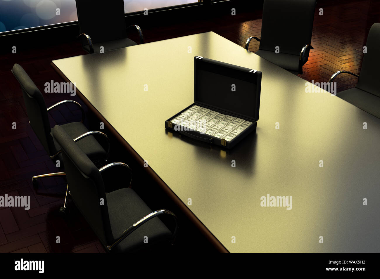 3D-Rendering von einem Aktenkoffer voller Geld insede ein leeres Büro bei Nacht Stockfoto