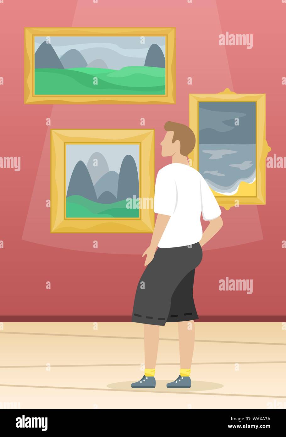 Ein Mann sieht die Gemälde berühmter Künstler. Museum der feinen Künste. Klassische Kunst. Flachbild Vector Illustration. Stock Vektor