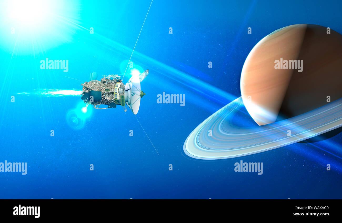 Blick auf den Planeten Saturn mit Ringen. Sonde Cassini in die Exploration, die um den Planeten. Solar System. 3D-Render. Die Nasa Stockfoto Blick auf den Planeten Saturn mit Ringen. Sonde Cassini in die Exploration, die um den Planeten. Solar System. 3D-Render. Die Nasa Stockfoto