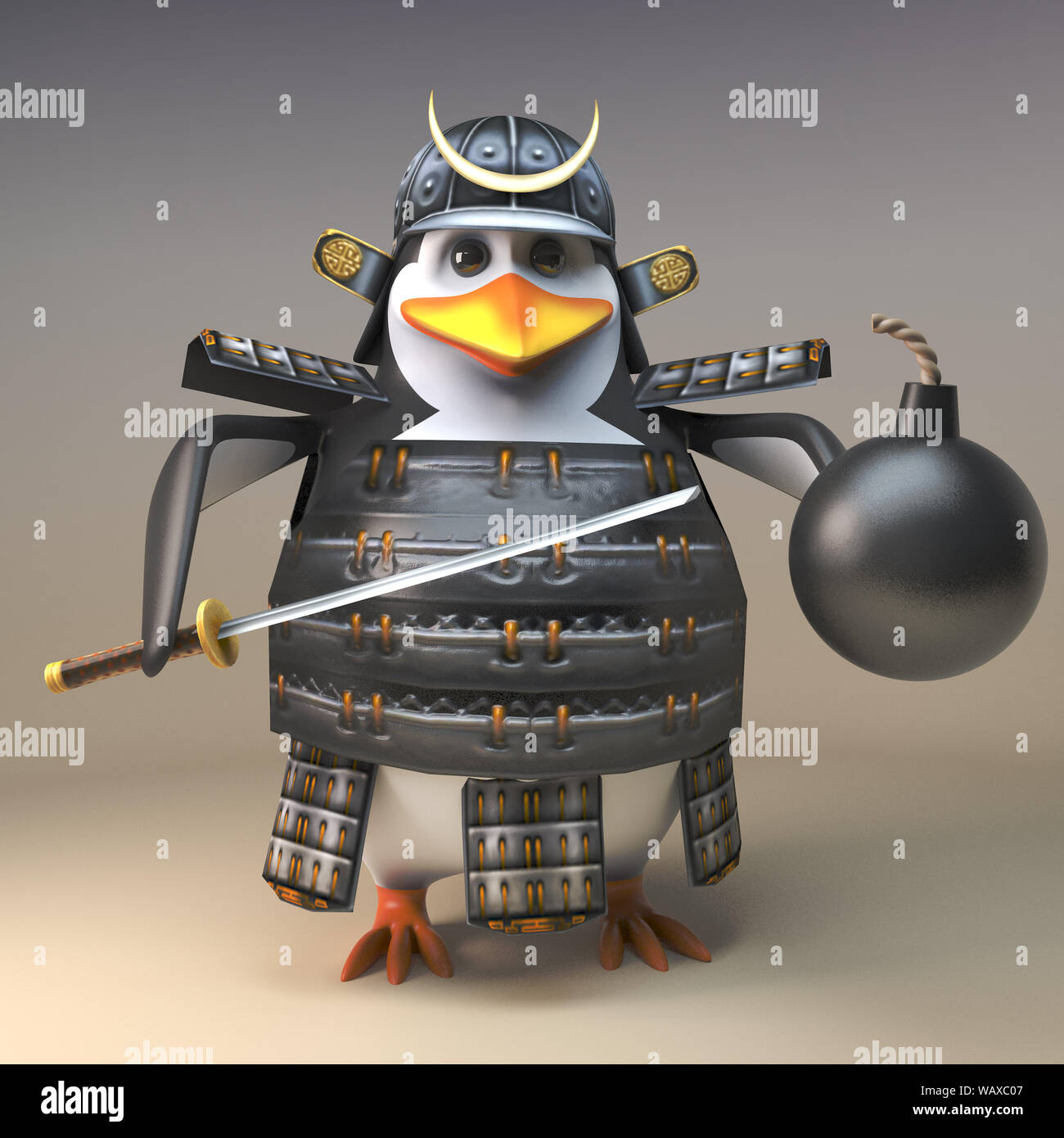 3d-pinguin Samurai Krieger in Rüstung mit Schießpulver Bombe, 3d-Grafik rendern Stockfoto