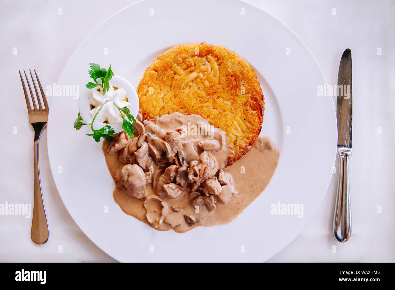 Zürich stil Kalbfleisch Eintopf mit cremiger mushroom gravy Soße und gebratene Rösti Kartoffel, lokalen Schweizer Küche in weiße Platte Stockfoto