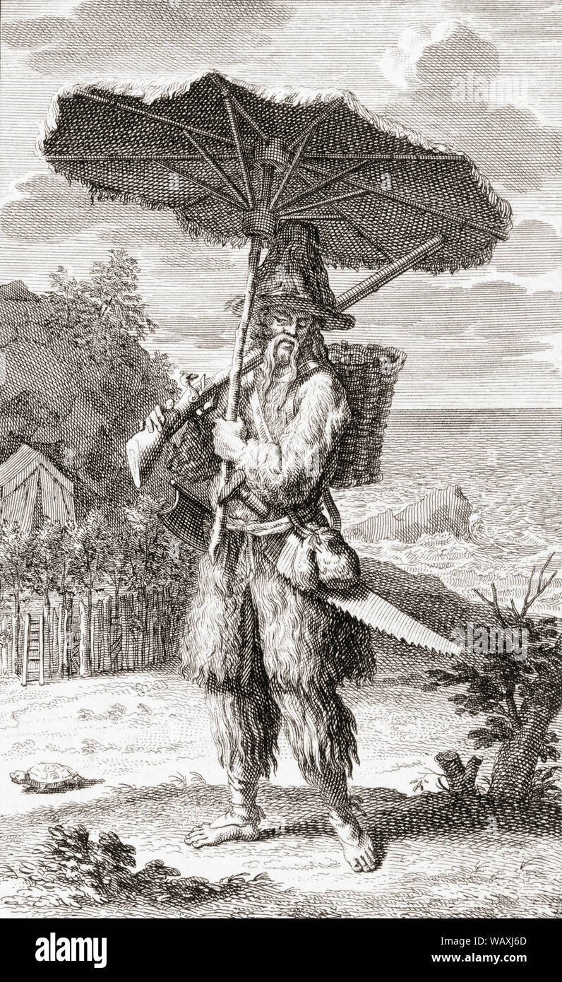 Robinson Crusoe, Titelheld der englische Autor Daniel Defoes 1719 Roman. Daniel Defoe, 1660-1731, war Daniel Foe geboren. Nach einem Jahrhundert der Arbeit von Bernard Picart. Stockfoto