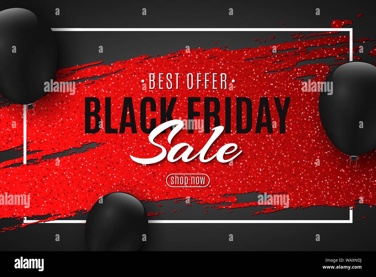 Zusammenfassung Web Banner für Black Friday sale. Red Grunge Brush mit glitzert und schwarzen Luftballons. Design für Ihr Business. Vector Illustration. EPS 10. Stock Vektor