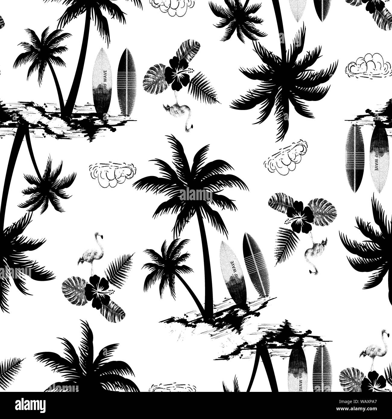 Palmeninsel mit Flamingo Vogel und tropischen Blumen nahtlose Muster-Design Stockfoto