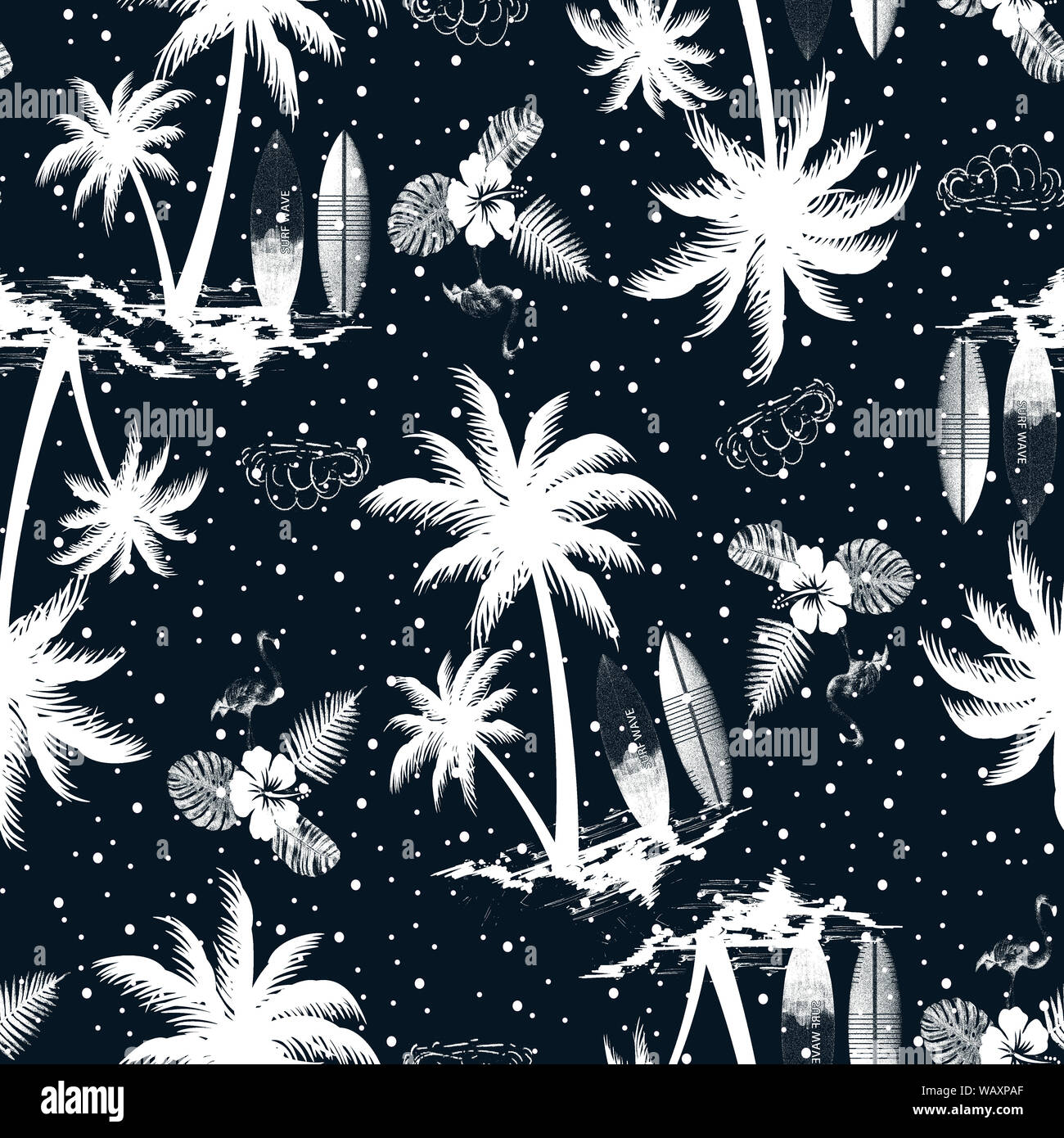 Palmeninsel mit Flamingo Vogel und tropischen Blumen nahtlose Muster-Design Stockfoto