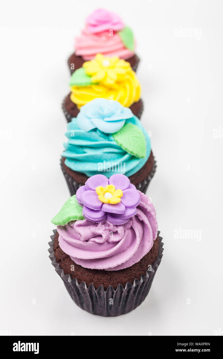 Vier Schokolade Tasse Kuchen mit Puderzucker oder Reifbildung, Pink, Lila, Blau und Gelb mit grünen Blättern, fotografiert auf weißem Hintergrund Stockfoto