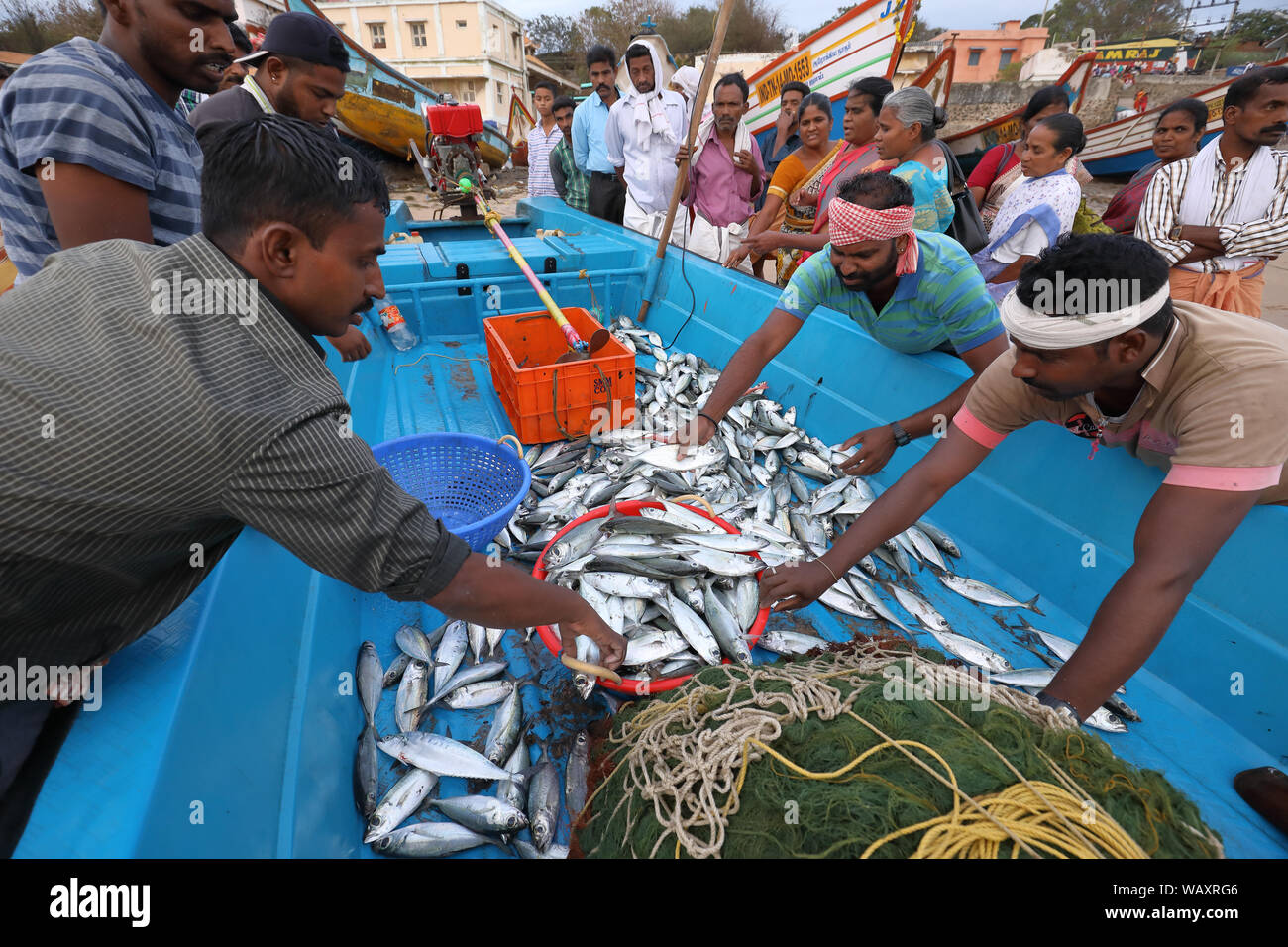 Traditionelle Fischer am Strand in Tamil Nadu, Indien Stockfoto