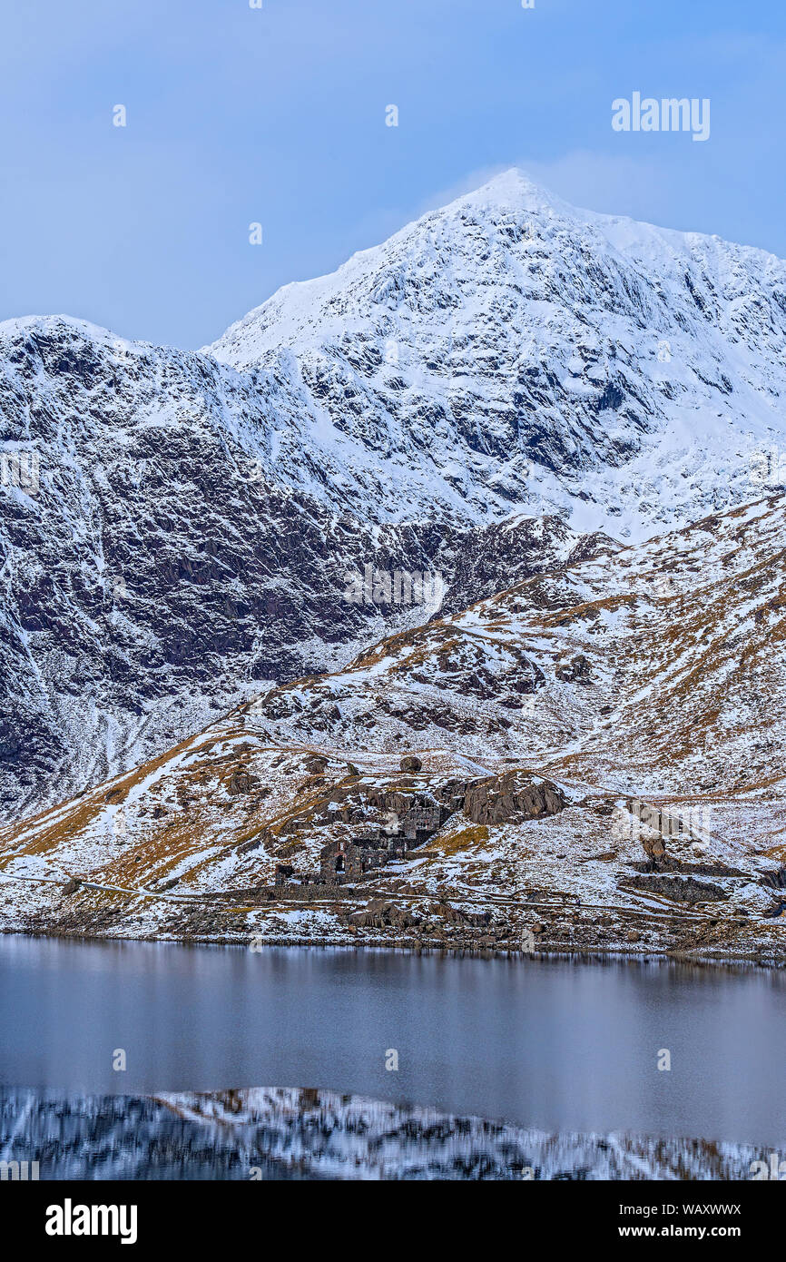 Mount Snowdon gesehen über Llyn Llydaw zeigt die bauruinen von Britannia Kupfermine Snowdonia National Park North Wales UK März 2018 Stockfoto