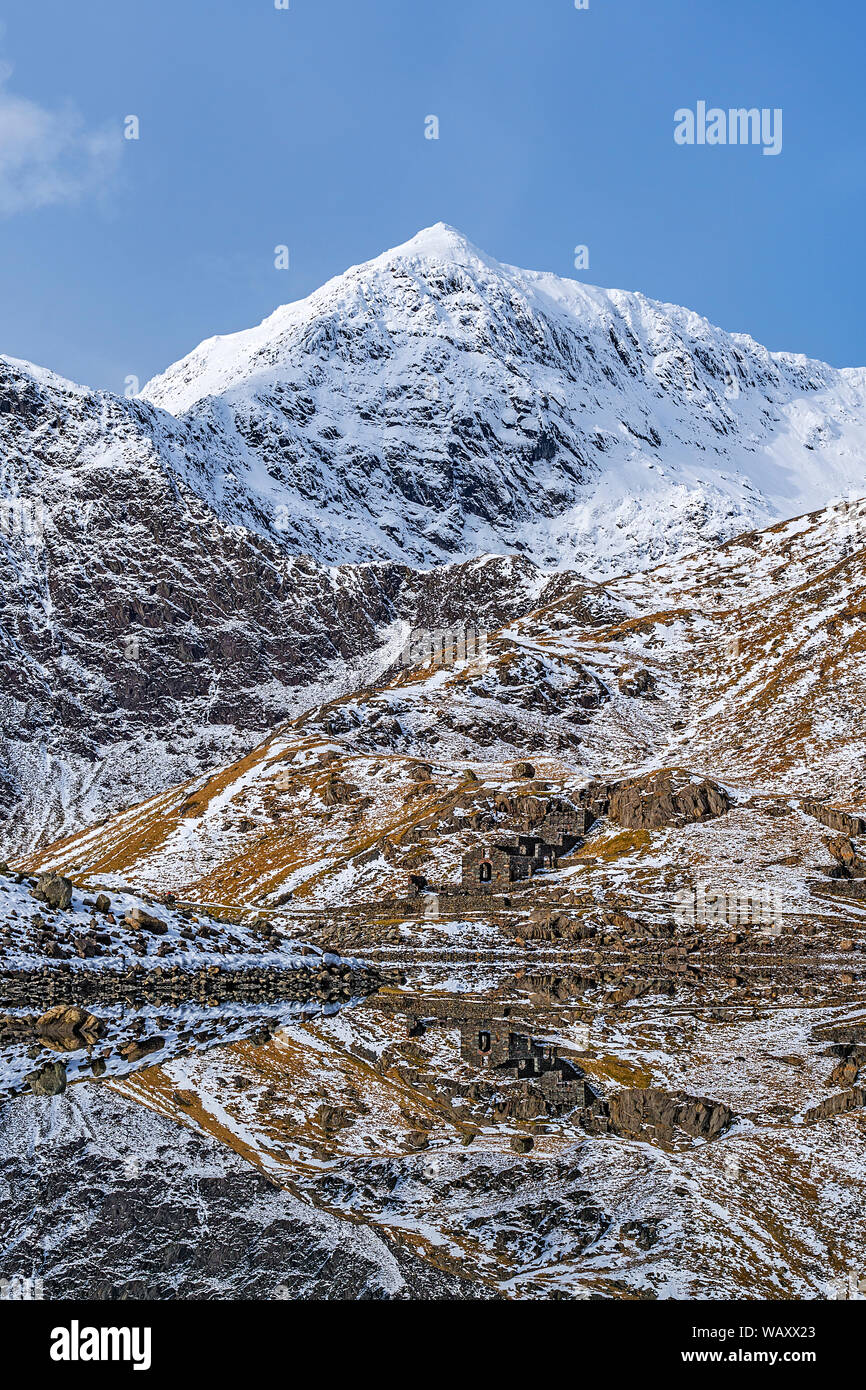 Mount Snowdon zeigt die verfallenen Gebäude der Britannia Kupfermine in Llyn Llydaw Snowdonia National Park North Wales UK März 2018 wider Stockfoto