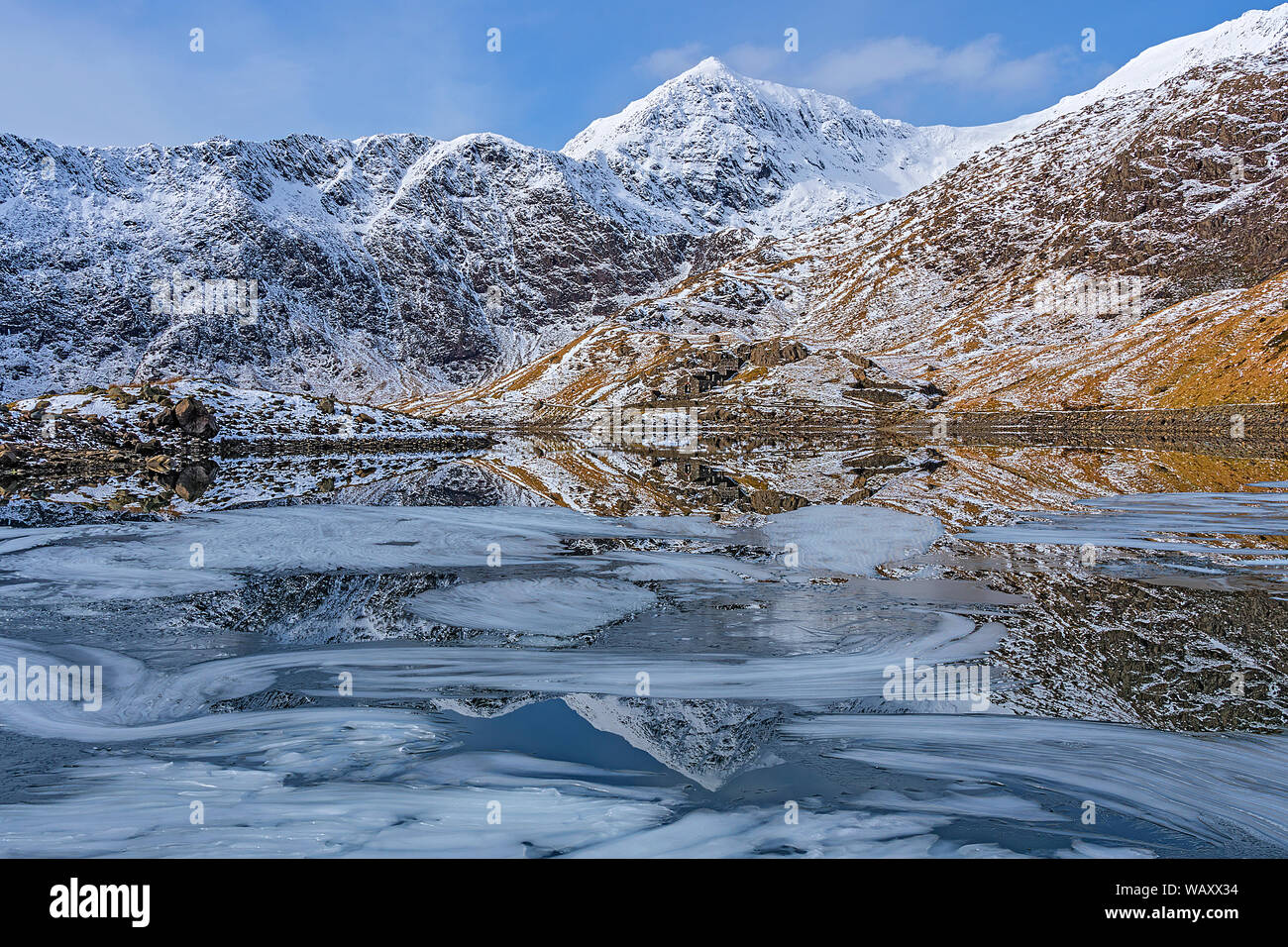 Mount Snowdon mit Eis Formationen in Llyn Llydaw und baufälligen Gebäude der Britannia Kupfermine Snowdonia National Park North Wales UK März 2018 Stockfoto