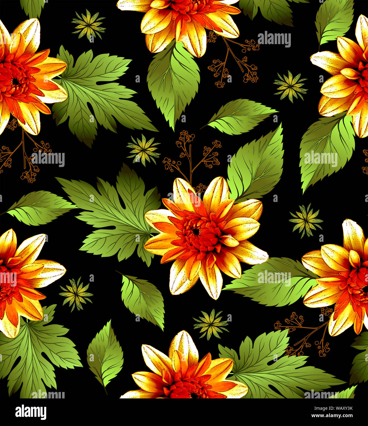 Blumen mit Blättern sorgen für ein nahtloses Muster Stockfoto