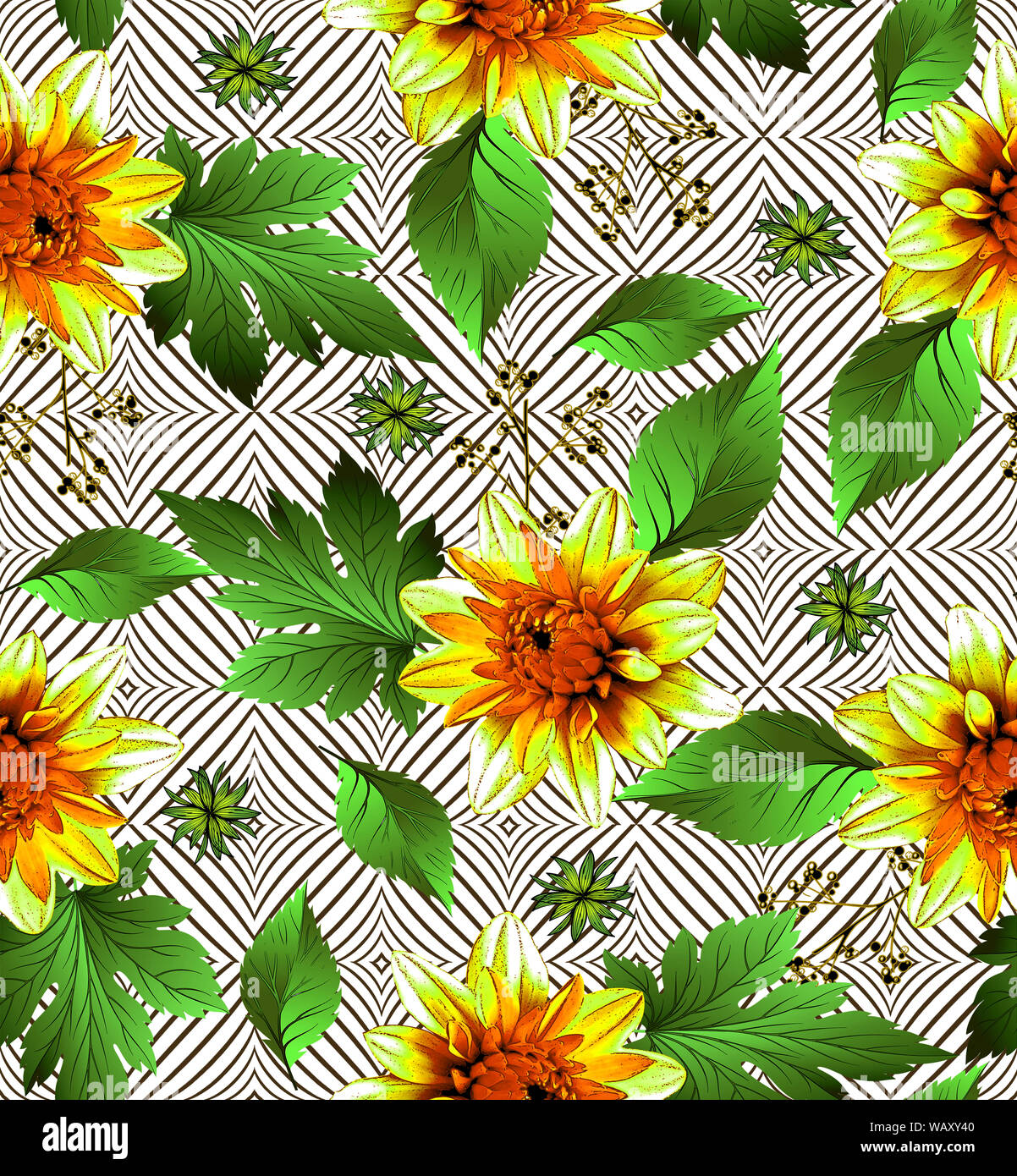 Blumen mit Blättern sorgen für ein nahtloses Muster Stockfoto