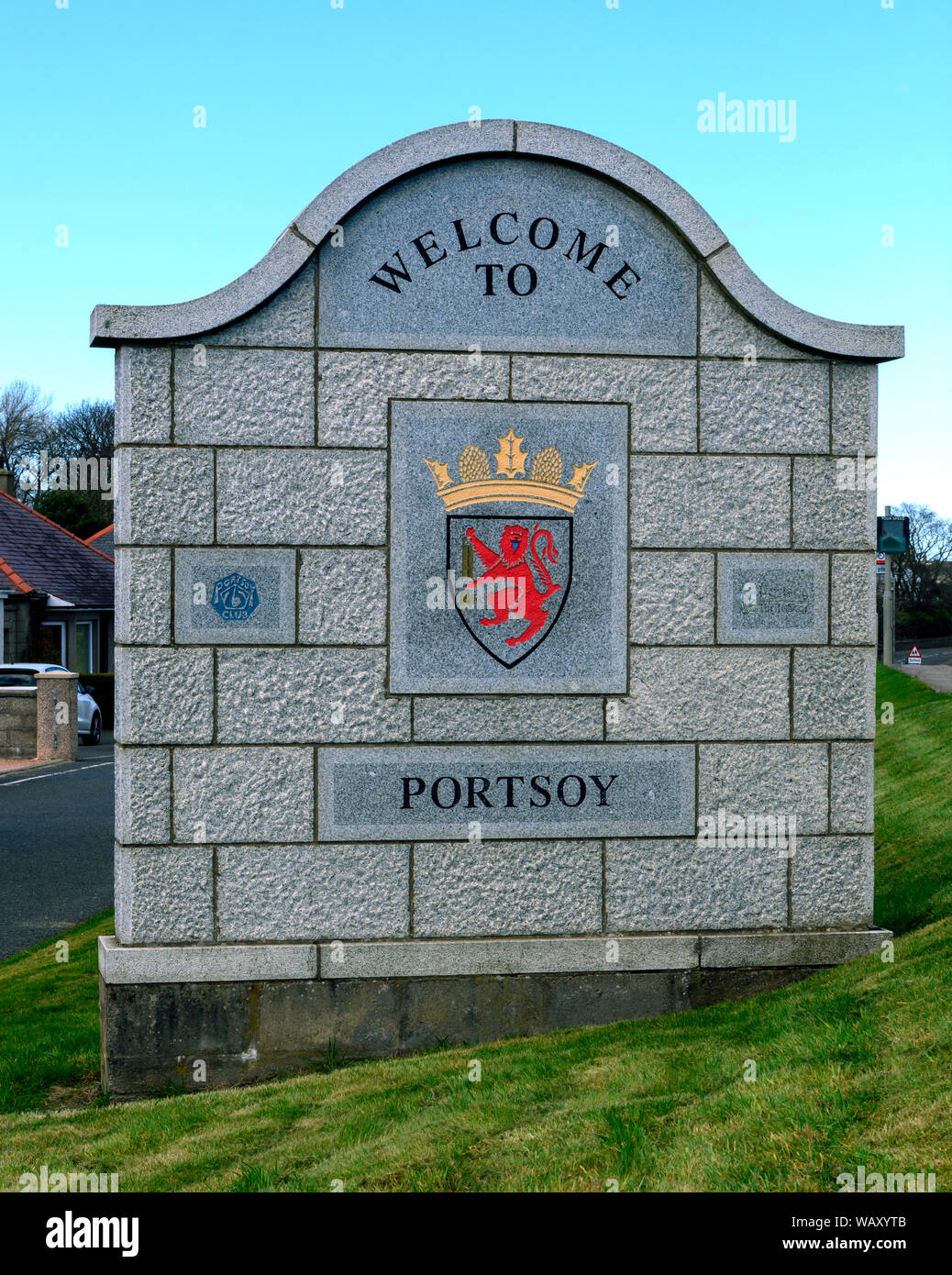 Zu Portsoy Zeichen im Village Grenze, Portsoy, Aberdeenshire, Schottland, Großbritannien Stockfoto