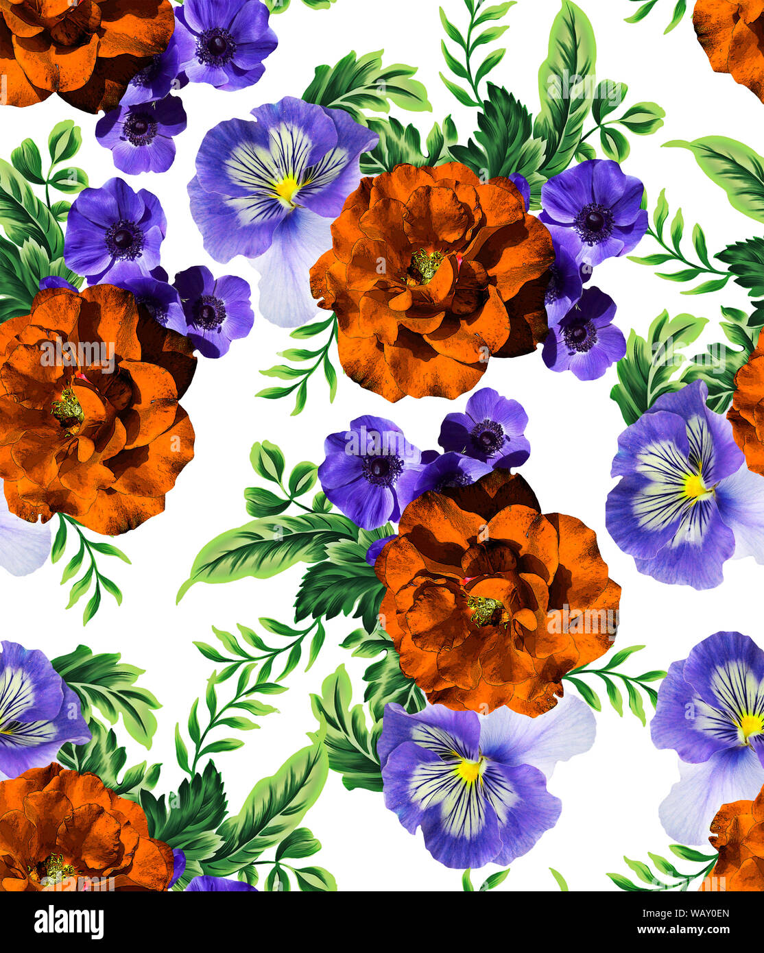 Blumen mit Blättern sorgen für ein nahtloses Muster Stockfoto