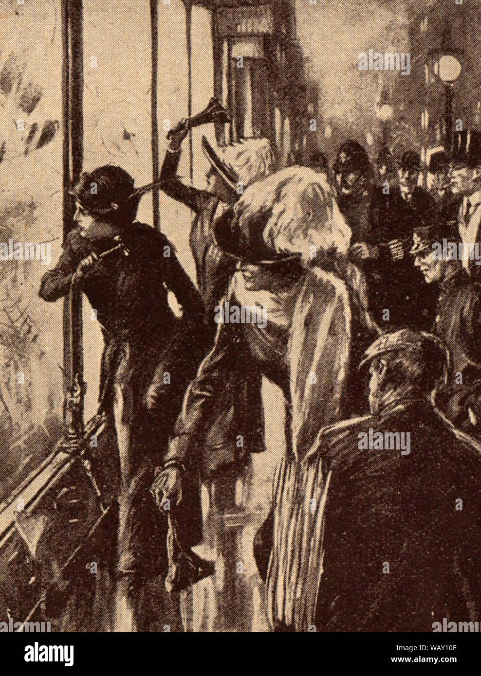 Eine Zeitung Bild, Suffragetten brechen Fenster in der Bond Street, London in den frühen 1900s Stockfoto